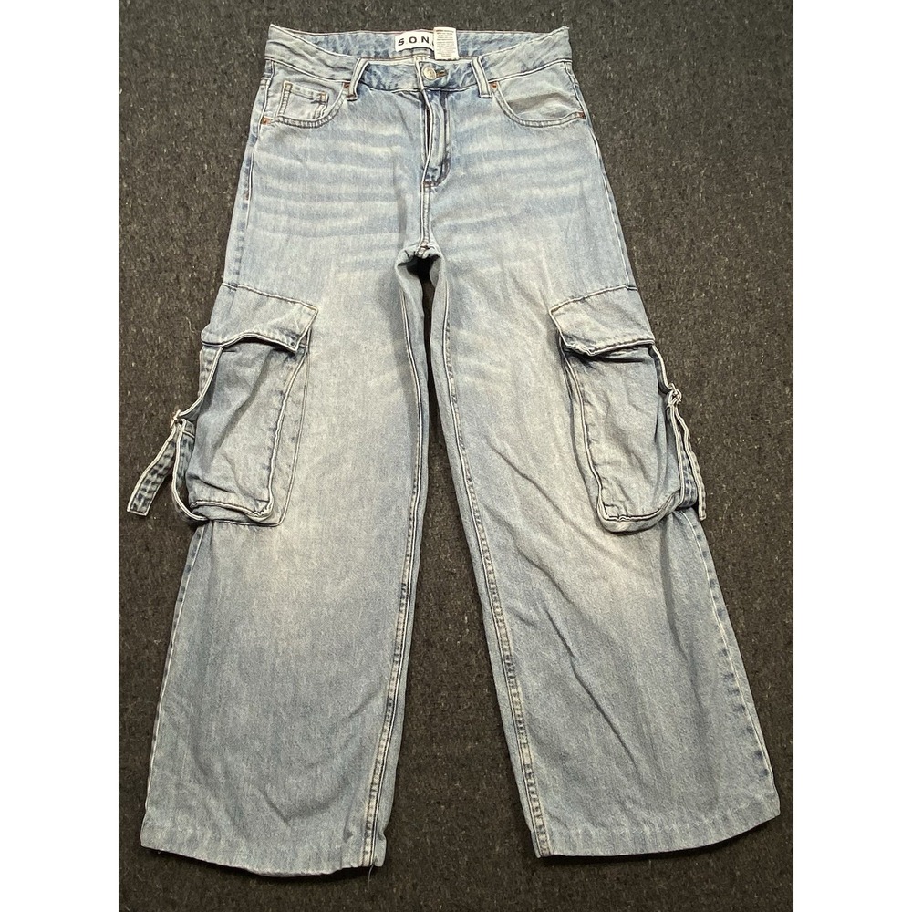S.O.N.G. Classic‎ Casual Wide Leg Cargo Blue Jeans Women's Sz 0/24 Denim